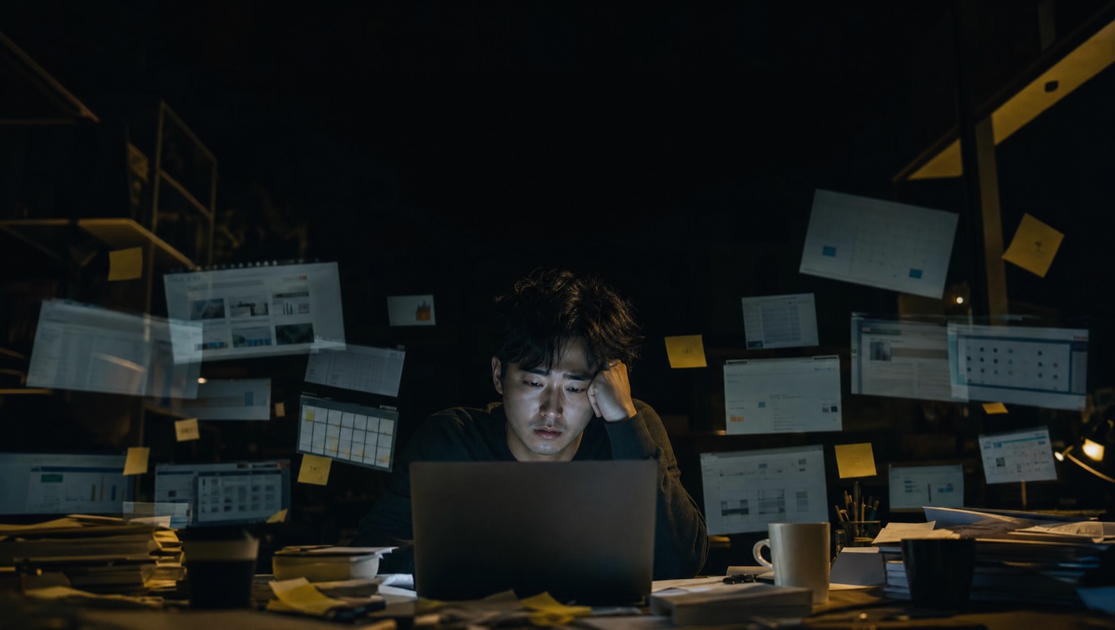 늦은 밤 흩어진 도구와 탭에 둘러싸여 지친 마케터